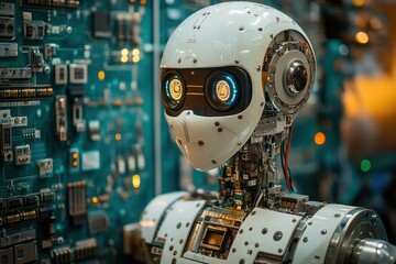Poster - Close-up of a robotic head with glowing eyes, detailed circuitry visible. Illustrates advanced technology, AI, and robotics, ideal for tech articles or presentations.