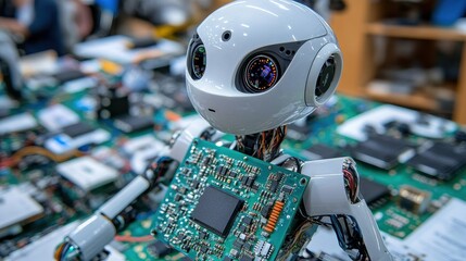 Aufkleber - White robot with circuitry on a board. Illustrates AI, robotics, and technology advancements.