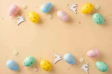 Wall Mural - a cheerful arrangement of colorful easter eggs and decorative bunny figures on a warm background