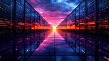Poster - A dramatic sunset illuminating a server room creating a unique blend of technology and natural beauty