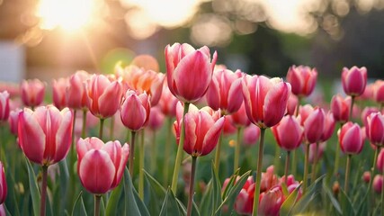 Wall Mural - Tulips' Serenade: A vibrant field of tulips bathed in the soft glow of the morning sun, showcasing nature's elegance.