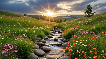 Wall Mural - Golden Hour Oasis: A breathtaking landscape of a winding stream, teeming with colorful wildflowers. The scene is illuminated by the sun.