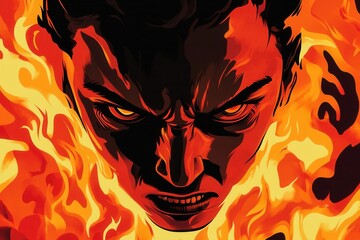 Poster - Angry person surrounded by flames with intense expression in a vibrant red and black illustration