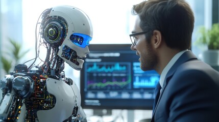 Poster - Professional man in a suit and glasses analyzing a robot while engaging in a thoughtful conversation about technology