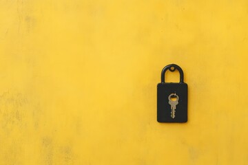 yellow background, small padlock, key, security concept, website banner