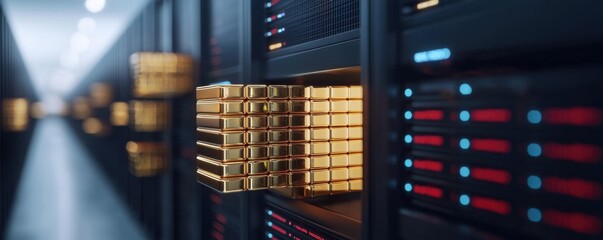 Poster - Data storage innovation technology sector image depicting gold bars in server rack modern environment close-up view