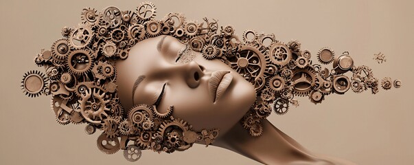 Poster - steampunk mechanical digital collage, intricate gears and cogs forming surreal landscapes, Victorian-era portraits fused with brass and copper machinery, industrial revolution meets fantasy, rich