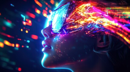 Aufkleber - A woman with a head full of glowing lights against a dark background creating a striking and futuristic look