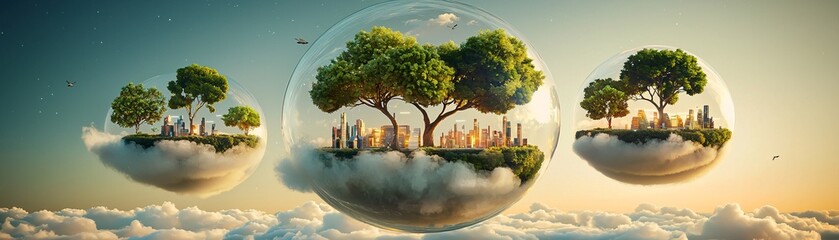 Poster - futuristic utopian digital collage, crystal-clear floating cities in a golden sunset sky, bioluminescent flora glowing in harmony with clean technology, tranquil and awe-inspiring, hopeful sci-fi