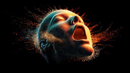 Poster - Abstract representation of a human face with glowing orange and blue lights emitting from the features of the face