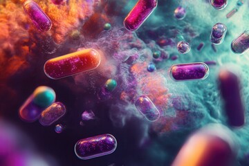 Aufkleber - Floating capsules dissolve into molecular structures in a dreamy, abstract medical illustration with high detail and vibrant lighting Generative AI