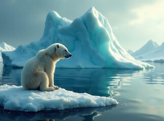 a majestic polar bear cub gazes at a rapidly shrinking iceberg, symbolizing the devastating impact o