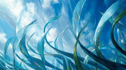 Poster - Ethereal Blue Whimsical Waves Under Bright Sky with Fluffy Clouds