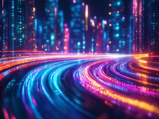 Fototapete - Vibrant optical fiber cables glowing with multicolored light, swirling and weaving through a sleek hightech cityscape, neon colors reflecting off metallic surfaces