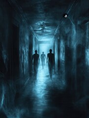Poster - Dark corridor filled with shadowy ghostly figures and eerie flickering light creates a cinematic horror atmosphere