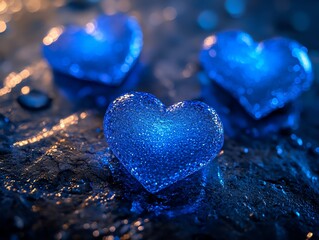 Fototapete - Vivid glowing blue hearts on a dark canvas, each heart softly glowing with vibrant blue neon light, creating a magical and serene atmosphere