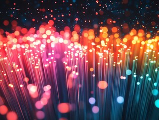 Aufkleber - A dense cluster of colorful glowing optical fiber cables, radiating bright neon hues of red, blue, and green, visually stunning against a pitchblack background