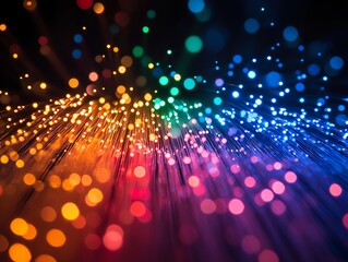 Aufkleber - A dense cluster of colorful glowing optical fiber cables, radiating bright neon hues of red, blue, and green, visually stunning against a pitchblack background