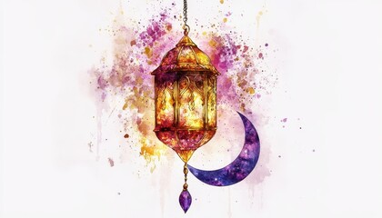 Aufkleber - Ornate Gold Lantern and Crescent Moon Watercolor Painting