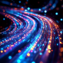 Poster - A dynamic display of glowing optical fiber cables in bright colors, flowing and curving through an ultramodern digital landscape, illuminated in glowing patterns