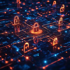 Poster - Abstract data protection concept with glowing locks, encrypted data transmission lines, and cyber security symbols, modern and hightech visual aesthetic