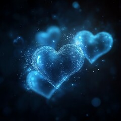 Fototapete - Abstract glowing blue heart shapes softly illuminated with radiant light, floating across a dark, starry backdrop, highdefinition glowing effect
