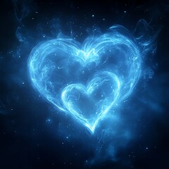 Fototapete - Abstract glowing blue heart shapes softly illuminated with radiant light, floating across a dark, starry backdrop, highdefinition glowing effect
