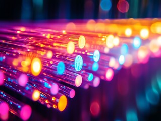 Poster - Closeup of neonlit optical fiber cables with vibrant glowing strands, creating a stunning light show, modern scifi design, vivid contrast