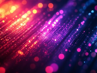 Poster - Closeup of neonlit optical fiber cables with vibrant glowing strands, creating a stunning light show, modern scifi design, vivid contrast