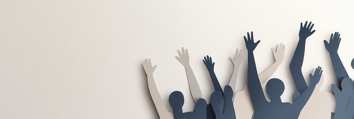 Aufkleber - Stylized silhouettes of people raising hands in unity against a modern minimalist background Generative AI