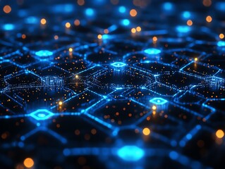 Leinwandbilder - Cybersecurity network with glowing blue data flow, secure communication nodes, and digital protection shields, futuristic tech design with glowing accents