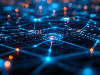 Leinwandbilder - Cybersecurity network with glowing blue data flow, secure communication nodes, and digital protection shields, futuristic tech design with glowing accents
