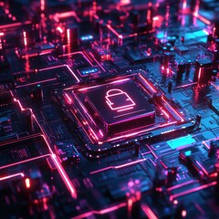 Leinwandbilder - Digital IT security concept featuring encrypted data streams, futuristic security locks, and digital firewalls, in a hightech neon environment