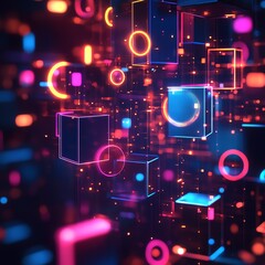 Aufkleber - Dynamic abstract geometric background with 3D cubes, circles, and lines, glowing in bright neon colors, ultramodern, and hightech visual style