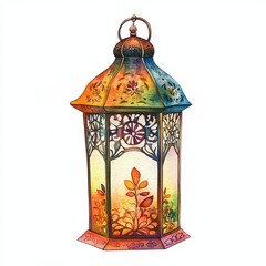 Poster - Ornate Watercolor Lantern with Autumn Leaves