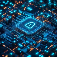 Poster - Futuristic IT security concept with a glowing digital lock, secure data connections, and complex network grids, neon blue and green tones, modern tech look