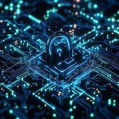Poster - Futuristic IT security concept with a glowing digital lock, secure data connections, and complex network grids, neon blue and green tones, modern tech look