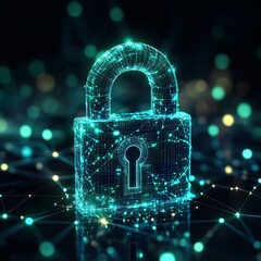 Poster - Futuristic IT security concept with a glowing digital lock, secure data connections, and complex network grids, neon blue and green tones, modern tech look