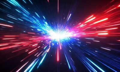 Wall Mural - flowing red blue white light streamers twisting in colorful hyperspace tunnel video towards a centra