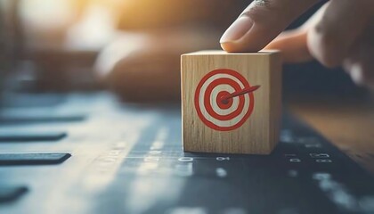 Poster - Business goals and growth strategy, person pointing at wooden block with a red dartboard icon, representing target setting, teamwork, and datadriven planning