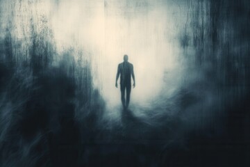 Aufkleber - Mysterious silhouette emerging through dark, blurred shadows in an abstract representation of fear Generative AI