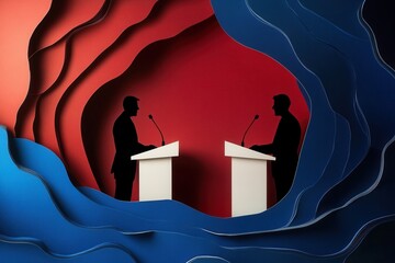 Poster - Engaging political debate visual with silhouetted figures behind podiums and dynamic paper art background Generative AI
