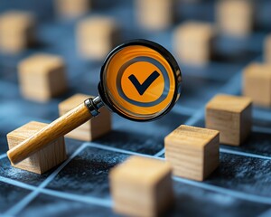 Poster - Strategy planning and quality management concept, magnifying glass highlighting a target icon and blocks with check marks, emphasizing business goals and processes