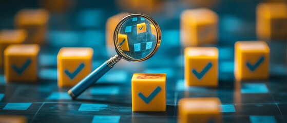 Poster - Strategy planning and quality management concept, magnifying glass highlighting a target icon and blocks with check marks, emphasizing business goals and processes