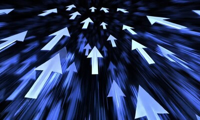 Wall Mural - animation of narrow blue arrows in various directions on solid black background creating energetic m