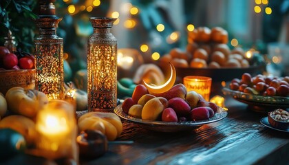 Aufkleber - Warm Festive Table Setting with Exotic Fruits and Metal Lanterns