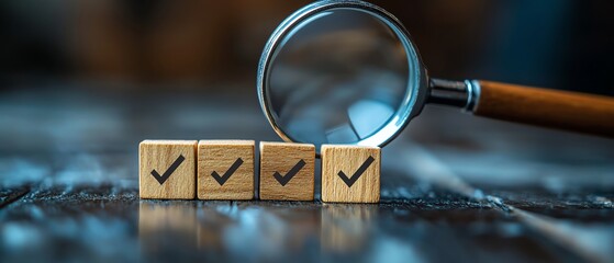 Poster - Business goal setting and strategy planning concept with a magnifying glass focusing on blocks with check marks, representing quality management and achievement of objectives
