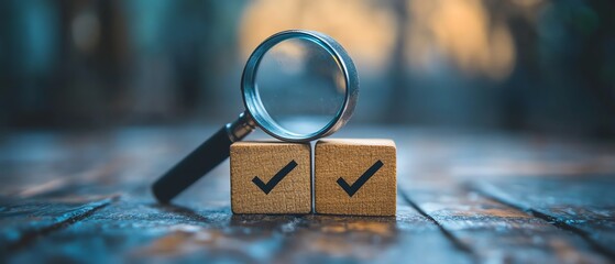 Poster - Business goal setting and strategy planning concept with a magnifying glass focusing on blocks with check marks, representing quality management and achievement of objectives