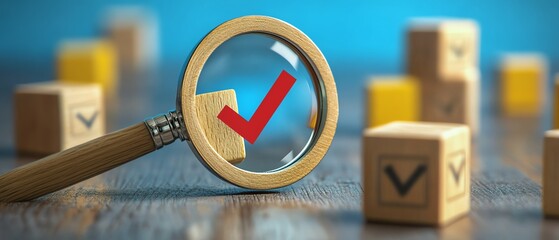 Poster - Business quality management and strategy planning concept with a magnifying glass examining a target icon, blocks, and check marks symbolizing progress and goal setting
