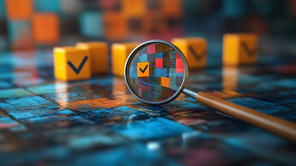 Poster - Business strategy planning concept with a magnifying glass focusing on a target icon and blocks with check marks, symbolizing goal setting and quality management processes